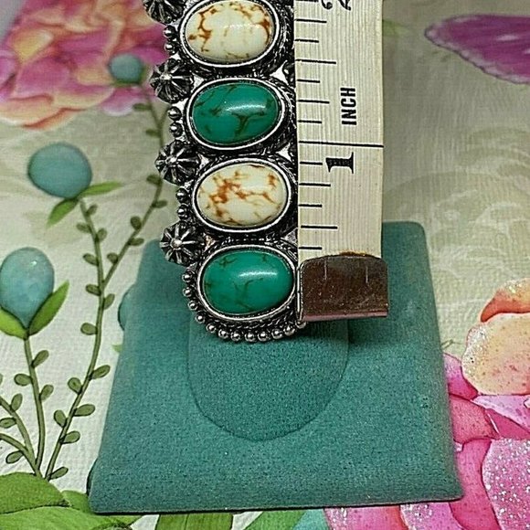 Green Turquoise White Buffalo Silver Ring adjstbl - Picture 6 of 9